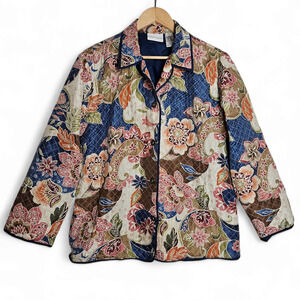 Alfred Dunner Womens Silk Quilted Floral Print Jacket Sz 14 Boho Chic